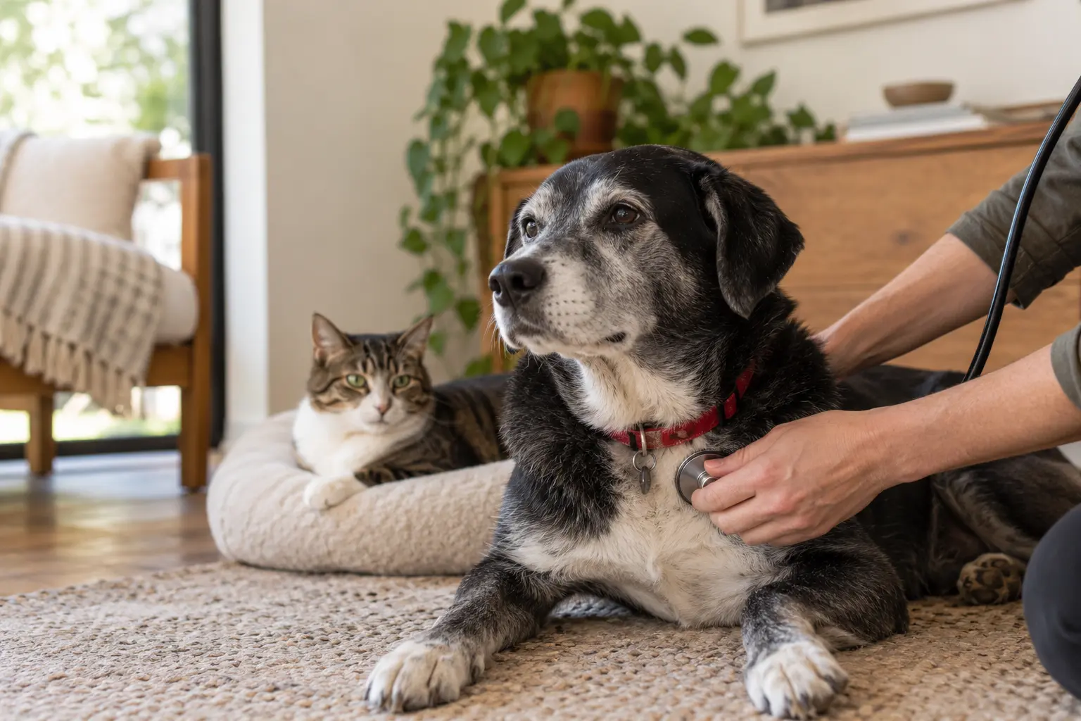 A senior dog and cat resting comfortably at home during a gentle veterinary exam