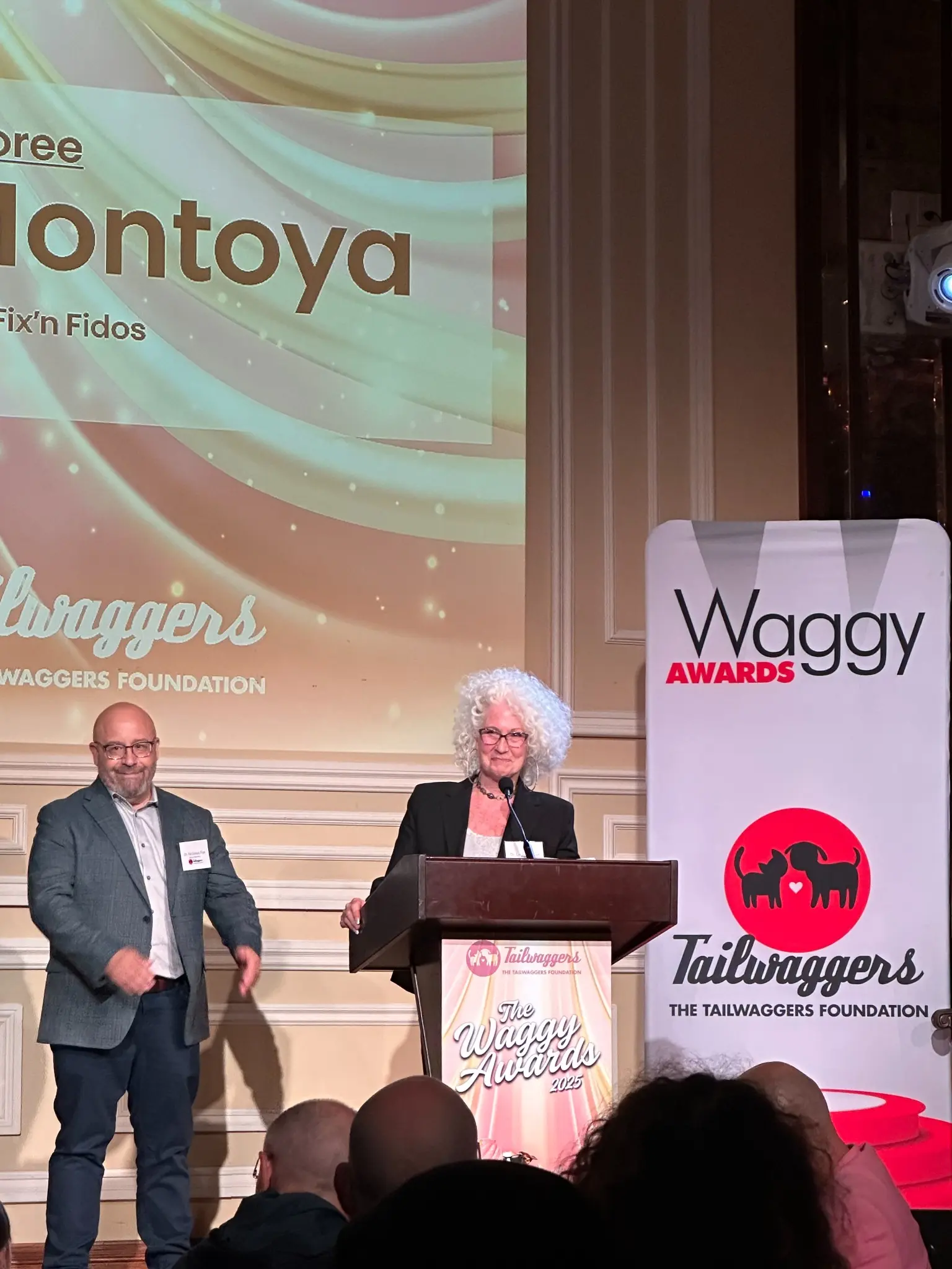 Dr. Liz Friedman speaking at the Tailwaggers Foundation Waggy Awards